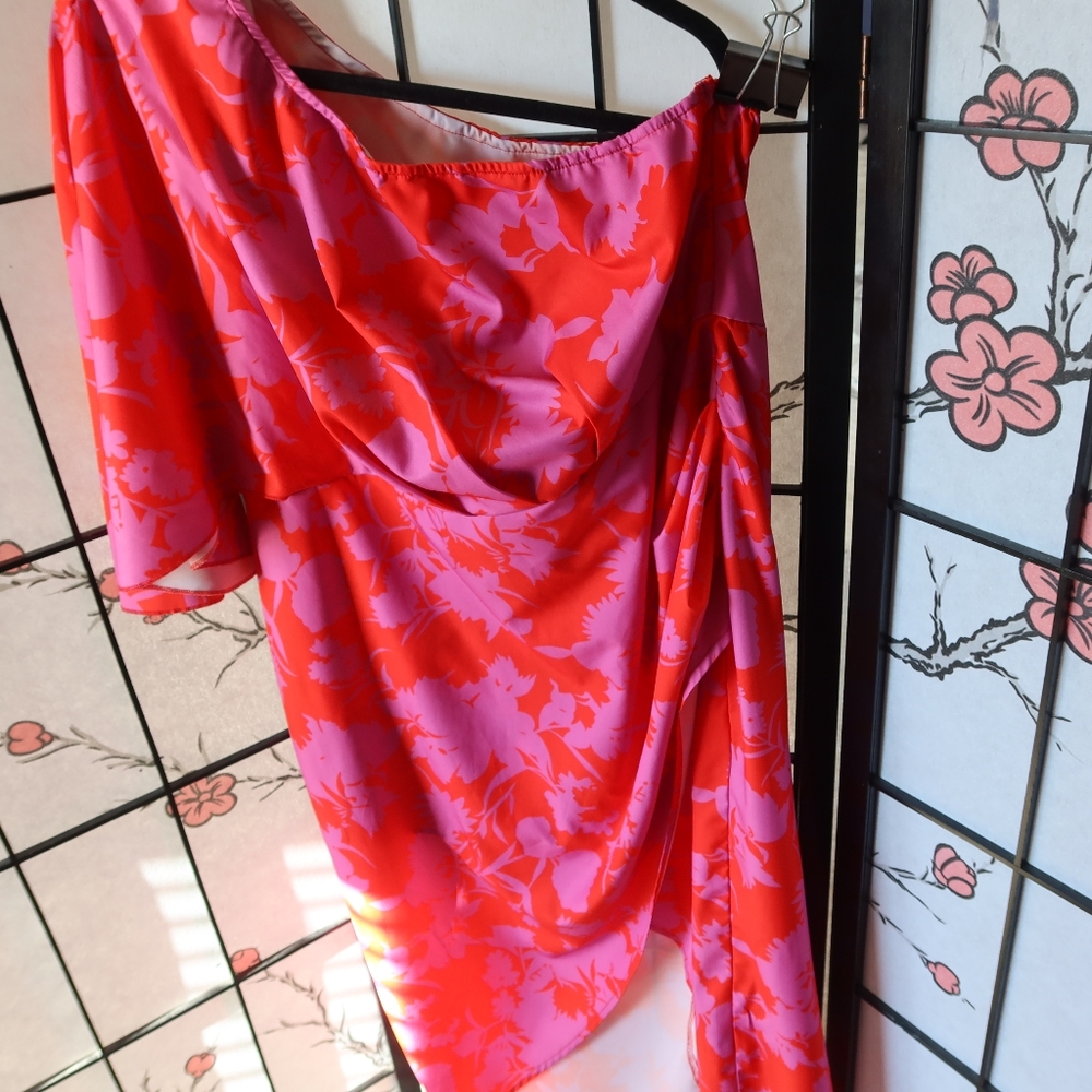 Pink and Red Floral Asymmetrical One Sleeve Off Shoulder Dress - Picture 7 of 12